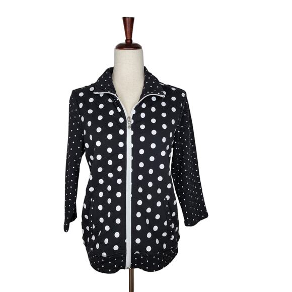 Onque Casual Polka Dot Black Full Zip Front 3/4 Sleeves Knit Jacket - Size Small - Picture 1 of 7